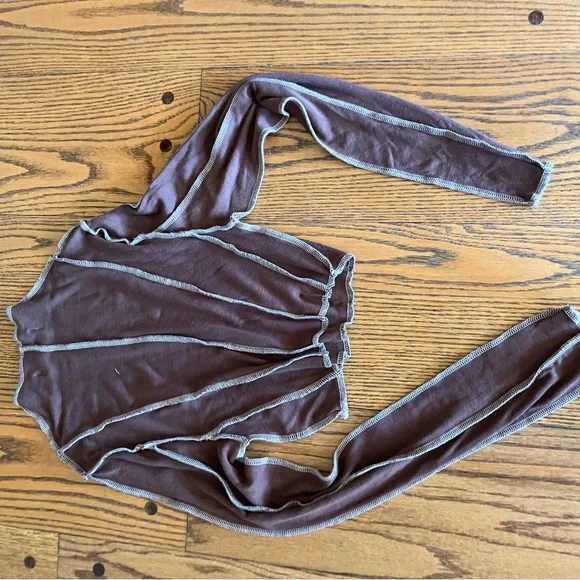 Cropped Brown Long Sleeve Top with Stripes. Super stretchy and soft - Picture 6 of 9